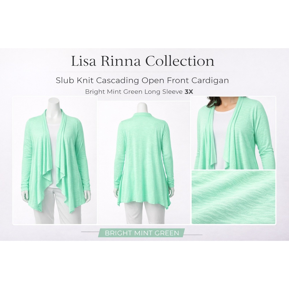 Lisa Rinna Collection Slub Knit Cascading Open‎ Front Cardigan Mint Green 3X New